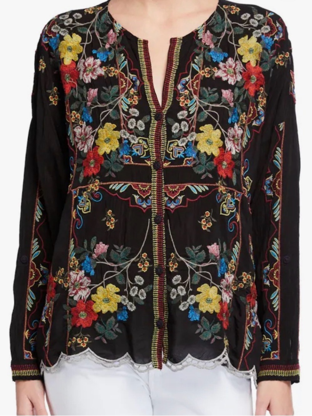 Embroidered Johnny Was Cabo Button Down Blouse, Size Small